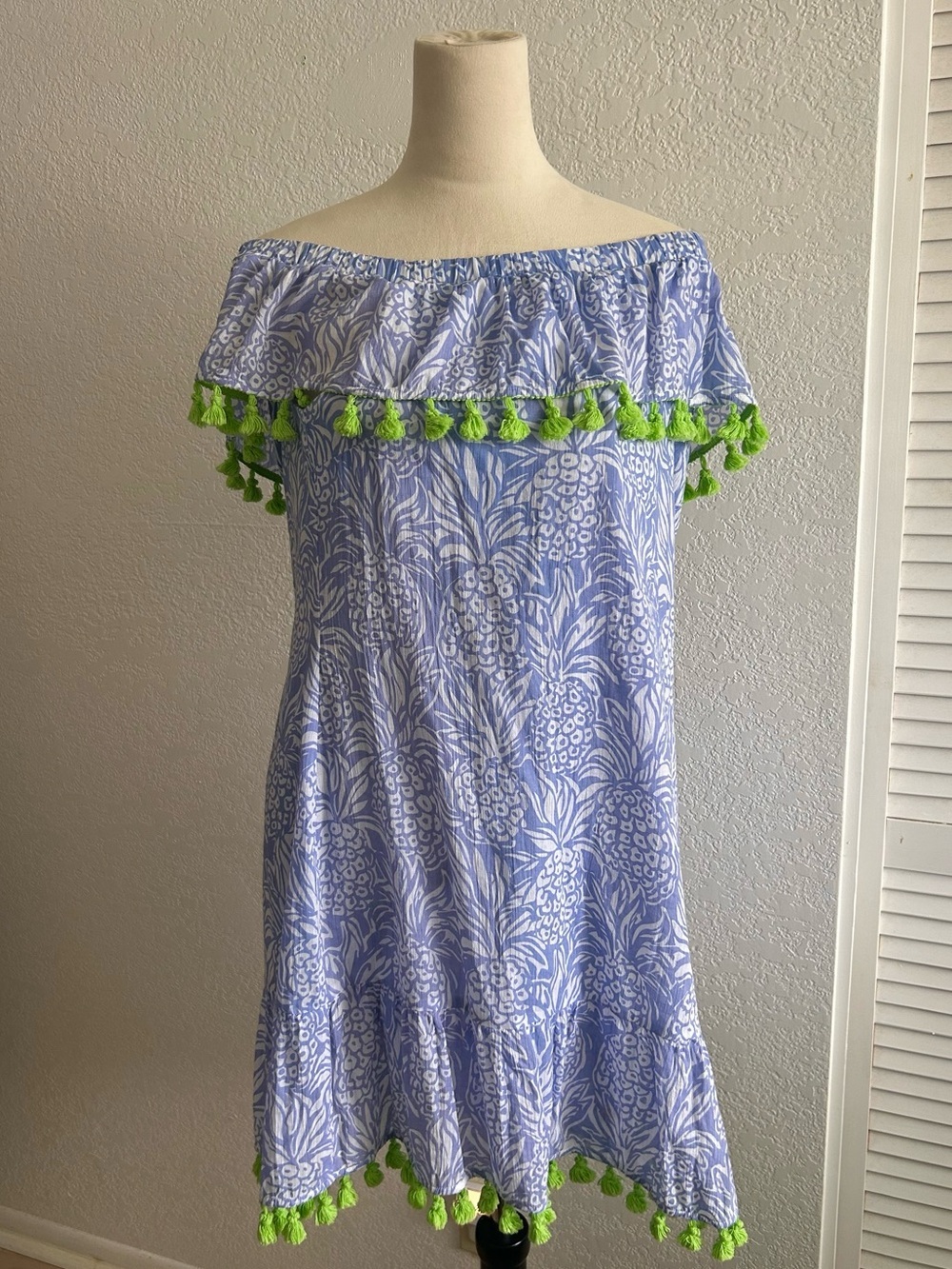 Sale to Sable Resort Wear Blue White Pineapple Print Off Shoulder Mini Dres